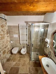 y baño con ducha, aseo y lavamanos. en B&B Casa Antonetti, en Campo di Giove