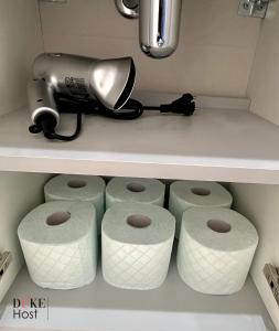 a shelf with a blow dryer and rolls of toilet paper at Duke Vallehermoso Apartament in Madrid