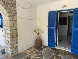 a room with a blue door and a vase of flowers at Ariadne's apartment - Apollonas in Apollon
