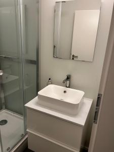 een witte badkamer met een wastafel en een douche bij Skógar Lodge in Hvolsvöllur
