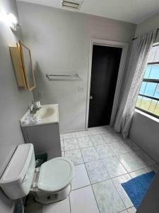 a bathroom with a toilet and a sink at Casa Turquesa Roatán in Flowers Bay