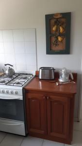 cocina con fogones y encimera con ollas y sartenes en Apartamento El Cerrito en Tandil