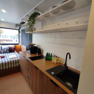 a kitchen with a sink and a kitchen with a couch at Good Spot Zieleniec Twin Eco 02 in Duszniki Zdrój