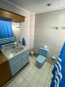 een badkamer met een blauw toilet en een wastafel bij Karol Hostal in Punta Arenas