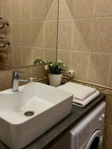 a bathroom with a sink and a washing machine at Apartments Superdom in Dnipro
