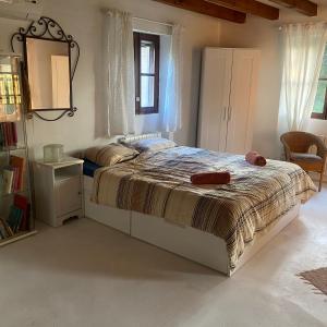 a bedroom with a large bed and a mirror at Studio Doppelzimmer 2 Pers mit Terrasse und Pool auf Finca Mallorca in Santanyi