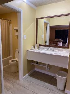 ein Badezimmer mit einem Waschbecken, einem WC und einem Spiegel in der Unterkunft Caronoda Motel in Central City