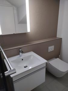 ein Badezimmer mit einem weißen Waschbecken und einem WC in der Unterkunft Klein aber fein in Escholzmatt