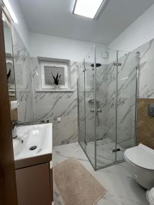 a bathroom with a shower and a toilet and a sink at Domki na Groniku in Nowy Targ +14 photos