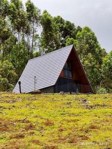 een klein huis op een heuvel in een veld bij Cabana com hidro e natureza! in Estefânia