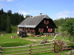 Eine schwarze Scheune auf einem Feld mit einem Zaun. in der Unterkunft Ferienbungalow Mountain View Wood in Spital am Pyhrn