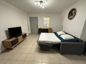 1 dormitorio con 1 cama y TV de pantalla plana en LOCATION T2 MEUBLÉ BAIE MAHAULT CONVENANCE en Baie-Mahault