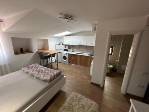 een klein appartement met een bed en een keuken bij Valivillas Studio in Boekarest
