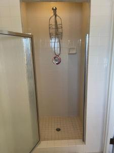 um chuveiro com uma porta de vidro e uma bobina de chuveiro em The Brower House em Saint Cloud