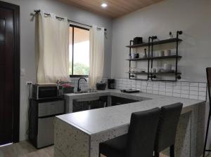 a kitchen with a counter with a sink and a microwave at Mandy Loft -40MB wifi -estacionamiento gratuito in San Ramón