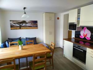 eine Küche und ein Esszimmer mit einem Holztisch in einem Zimmer in der Unterkunft Apartmany De-Lu in Blansko