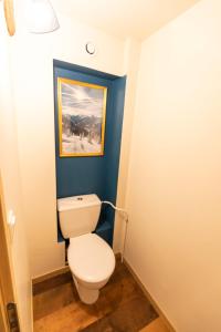 a bathroom with a white toilet in a blue wall at Les Montagnettes in Les Orres