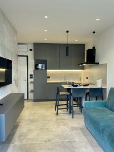 利尼亞諾薩比亞多羅的住宿－Rondinella Suite，厨房以及带蓝色沙发的客厅。