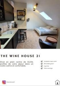 een advertentie voor een wijnhuis met een keuken en een woonkamer bij The Wine House 21 in Dijon
