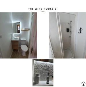 een witte badkamer met een douche en een wastafel bij The Wine House 21 in Dijon