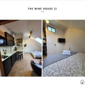 twee foto's van een kamer met een bed en een keuken bij The Wine House 21 in Dijon
