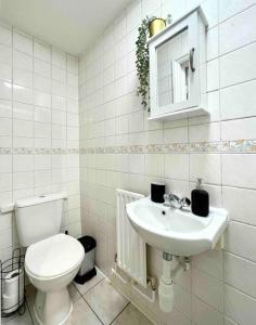 a white bathroom with a toilet and a sink at A beautiful studio flat with garden in London