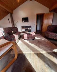 a living room with two couches and a tv at Le Grand Chalet in La Chapelle