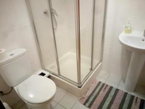 a bathroom with a shower and a toilet and a sink at Costa Lodge, private room in Santa Cruz