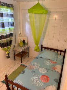 una camera con letto e tenda verde di F3 Hibiscus a Le Lamentin