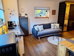 ein Wohnzimmer mit einem Sofa und einer Küche in der Unterkunft Ideal für kurze Aufenthalte – gemütliches 1-Zimmer-Apartment in Adelsdorf