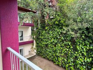 a ivy covered building with a pink wall and stairs at Kriopigi Apartments in Kriopigi