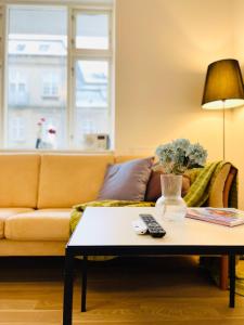 salon z kanapą i stolikiem kawowym w obiekcie Scandinavian Apartment Hotel - Industrimuseet - 3 room apartment w mieście Horsens