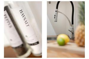 two pictures of a faucet and an apple on a counter at 5min to Bryggen - Renovated - Budget friendly in Bergen