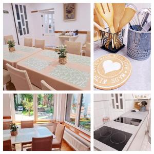 a collage of pictures of a kitchen and a dining room at 7 Levél Panzió, Ultra Central, Self Check-in, Self-Catering in Miercurea-Ciuc