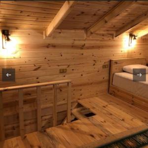 eine Blockhütte mit einem Bett in einem Zimmer in der Unterkunft hostel viking in Rize