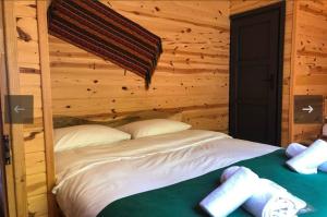 ein Schlafzimmer mit einem Bett in einem Blockhaus in der Unterkunft hostel viking in Rize