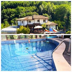 a large swimming pool in front of a house at Guest house Elora in Chiflik