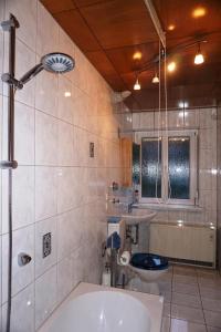 a bathroom with a tub and a toilet and a sink at Bei München Ferienwohnung in Dachau "Burgmair" in Dachau