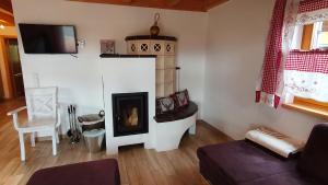 Lechbruck am See Feriendorf Via Claudia Haus 65 Casa Bavaria في ليتشبروك: غرفة معيشة مع موقد وأريكة