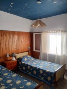 a bedroom with two beds and a blue ceiling at Encantadora Casa con parque in La Falda