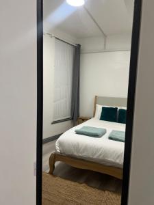 a bedroom with a bed and a mirror at En-suite room in Swansea