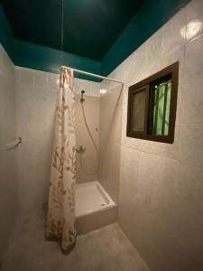 y baño con ducha y cortina de ducha. en Tropical House en Pamandzi