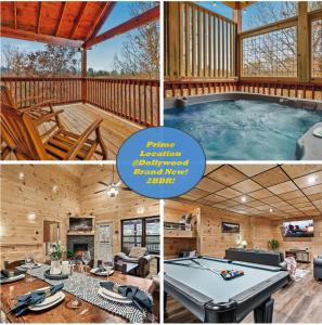 a collage of pictures of a house with a pool table at cul-de-sac Log Cabin, Hot-Tub, Arcade Games, In-Built Bunk beds, Level2 EV On site in Pigeon Forge