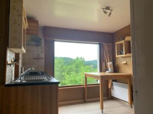 a kitchen with a window and a counter with a sink at Chalet hérisson in La-Roche-en-Ardenne