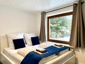 a bedroom with a bed with blue pillows and a window at My Loft by Essen 2 Apartments in Rosengarten