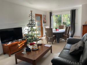 ein Wohnzimmer mit einem Weihnachtsbaum und einer Couch in der Unterkunft La Maringote in Cerisy-la-Forêt