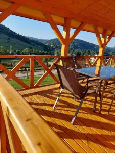 une table et des chaises assises sur une terrasse en bois dans l'établissement Hiša na Planini, 