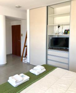 1 dormitorio con 1 cama, TV y toallas en Comodo Monoambiente en puerto madryn, en Puerto Madryn