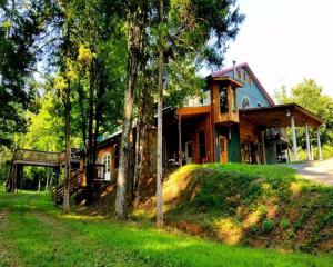 a house on a hill in front of a forest at Farmview Cottage at White Lotus Eco Spa Retreat in Stanardsville