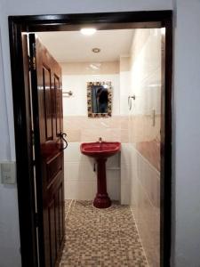 a bathroom with a red sink and a shower at La cabaña del TIO PEPE in Taxco de Alarcón +12 photos